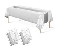 4Pack Disposable Plastic Tablecloths 137 * 274 cm and Satin Table Runner,Party Table Cloths,Gold Dot Confetti Table Cover for Birthday, Engagement, Wedding (White Silvery+Silvery Table Runner)