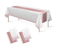 4Pack Disposable Plastic Tablecloths 137 * 274 cm and Satin Table Runner,Party Table Cloths,Gold Dot Confetti Table Cover for Birthday, Engagement, Wedding (White Rose Gold+ Rose Gold Table Runner)