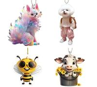4pcs 2D Acrylique Animal Talisman Set - Mignon Voiture rétroviseur Pendentif décoration, Porte - clés et décorations de Noël (Renard, Chien, Abeille, Vache) avec chaîne en Argent/Or, étudiant et ADU