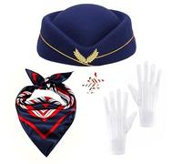 4Pcs Accessoires de Costume d'Hôtesse de l'Air Chapeau d'Hôtesse de l'Air Pour Femme Gants Blancs Écharpe en Rayures Broche Kit de Déguisement pour Halloween Soirée à Thème Cosplay