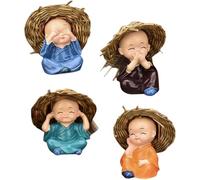 4pcs Baby Bouddha Statues 2x2, 4 pouces mini résine brésilien Brésilien Lucky Wood avec chapeau de paille, décor de moine mignon pour plantes en pot, tableau bord, bureau et affichage à domici