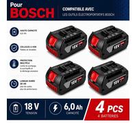 4PCS Batterie 18V Compatible Bosch, 6,0Ah Li-Ion, Haute Capacité, Protection Intelligente pour Outils Sans Fil