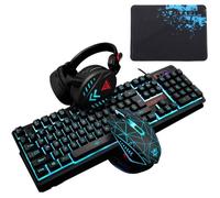 4pcs Clavier Gamer QWERTY+Souris+Casque+Tapis de Souris LED Sensation Mécanique noir bleu
