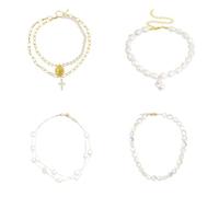 4PCS couches de colliers en or pour les femmes, empilable Dainty 14K or plaqué argent Trendy Circle Paperclip chaîne pendentif Collier ras du cou, Simpl Diamond Cross Bow bijoux ensemble cadeaux pour