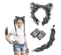 4PCS Deguisement Loup Enfant,Set De Costume De Cosplay De Loup De Mardi Gras Avec Oreilles De Loup,Bandeau,Gants,Queue,Déguisement De Loup Garou Costume De Animal Pour Halloween Carnaval Fête (Gris)