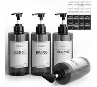 4pcs Distributeur de Savon Douche 500ml, PETG Rechargeable Flacon Pompe Vide avec 16 Étiquettes pour Cuisine et Salle de Bain - Gris