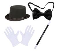 4pcs / ensemble Magicien Costume Kit de magicien d'Halloween avec chapeau haut, baguette, gants et nœud papillon Costume magicien adulte pour les fêtes de costumes, cosplay et événements sur le thème