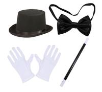 4pcs / ensemble Magicien Costume Kit de magicien Halloween avec chapeau haut, baguette, gants et nœud papillon Costume magicien adulte pour les fêtes de costumes, cosplay et événements sur le thème