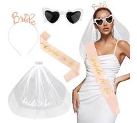 4pcs EVJF Accessoire Enterrement de Vie de Jeune Fille Bandeau Serre-Tête Bride avec Voile Blanche Lunettes Cœur et Écharpe Bride to Be Déguisement Décoration pour Future Mariée Fête Soirée Mariage