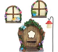 4pcs Fairy Door Windows & Lantern Set for Tree,Luminous in the Dark Accessories Fairy Garden Miniature for Outdoor Lawns Yard Landscape Home Elf Garden Decoration
