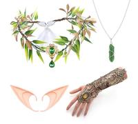 4PCS Forest Fairy Ears Costume Accessoires, Couronne de Fée Boisée, Gants Dentelles, Collier Viking, Costume Elfique Renaissance pour Femmes et Filles Halloween Cosplay