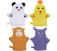 4pcs Gants de lave-toiles pour bébé, éproigne du corps du animal mignon comprend un ours de dessin animé, une nana, un singe, des enfants souris exfoliant pour bébé baby-bain pour enfant