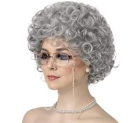 4pcs Grand-mère Costume Set Halloween La vieille dame costume pour les femmes comprend des boucles de perruque grand-mère, un collier de perles, des verres avec chaîne, une perruque grise avec access