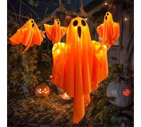 4PCS Hanging Ghost Decorations, Cute & Spooky Halloween Lights Up Ghost, Adjustable Arms, with LED Lights, Halloween Outdoor Spooky Decorations for Yard Tree Lawn Garden Party (Orange)