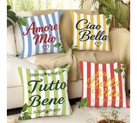 4pcs Housses de coussin à motif imprimé de texte italien coloré rayé feuille Hello, Sweet Life, My Love, Everything Is Fine [Insert de coussin non inclus], 45*45cm/50*50cm/40*40cm, [Impression unilaté