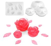 4pcs Moules à Bougies Roses, Moule à Fleurs en Silicone 3D avec Feuille pour La Fabrication de Bougies et de Résine Époxy (Grand, Moyen, Petit)