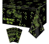 4Pcs Nappes Game on, Nappes Vertes pour Les fêtes de Jeux vidéo, Décoration de Table rectangulaire pour Les garçons Gamer Level Up Gaming Party Supplies- 130 x 270 cm