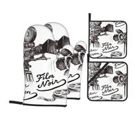 4Pcs Oven Mitts and Pot Holders Collection Originale De Dessins À La Main De Caméras De Cinéma Oven Gloves Résistant À La Chaleur Imprimer Baking Mittens, pour Griller, Cuisiner, Four