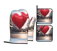 4Pcs Oven Mitts and Pot Holders Imprimés Love in The City Pot Pads Coton Doublure Soft Baking Mittens, pour Micro-Ondes, Four, Cuisson