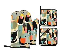 4Pcs Oven Mitts and Pot Holders Motif De Chat d'art Moderne du Milieu du Siècle 2 Pcs Oven Mitts with 2 Pcs Pot Holders Soft Maniques, pour Décorations Cuisine, Griller, Cuisiner