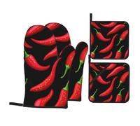 4Pcs Oven Mitts and Pot Holders Piments Rouges Oven Gloves Coton Doublure Soft Baking Mittens, pour Four, Cuisson, Patisserie
