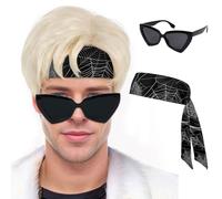 4Pcs Perruque SynthéTique Courte Blonde Pour Hommes Perruques Layered Short Hair Léger Blond Balayé sur Le Côté Postiche Naturelle Moelleuse Pour Halloween Cosplay Carnaval with Lunettes à Bandeaux
