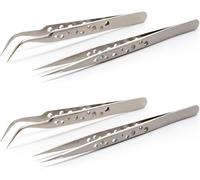4pcs Pince de precision, Pince brucelle 2 droites 2 courbes, Pince electronique, Antistatiques, Acier Inoxydable