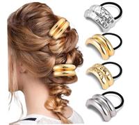 4Pcs Ponytail Holders, Metal Geometric Hair Cuffs Elastic Tie Band Gothic Punk Exquisite Glitter Hair Accessories for Women Girls, Gold & Silver Ponytail Holders