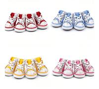 4pcs/Set Chaussures de sport décontractées multicolores montantes en canevas, tige en maille avec imprimé cœur, respirantes & antidérapantes, protection légère des pattes, convient pour les petites ch