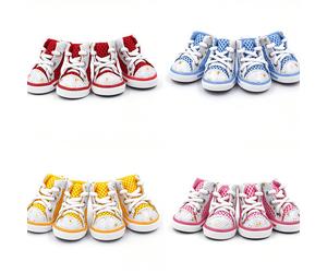 4pcs/Set Chaussures de sport décontractées multicolores montantes en canevas, tige en maille avec imprimé cœur, respirantes & antidérapantes, protection légère des pattes, convient pour les petites ch