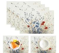 4Pcs Set De Table 30X45Cm Blanc Fleurs Fraîches Napperons en Lin Lavable Plantes À L'Aquarelle pour Cuisine Fête Pâques Mariage Usage Quotidien Dîners Printemps/Été