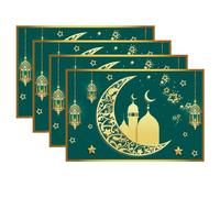 4PCS Set de Table Ramadan Kareem Vert, Eid Mubarak Sets de Table Mosquée Étoile de Lune d'or, Napperons en Lin Lavables pour Le Parti Musulman Islamique Iftar Décoration de Maison de Table de Cuisine