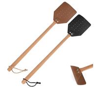 4pcs Tapettes à Mouches en Cuir, Manche Long en Bois Robustes Manuelles avec Cordelette de Suspension pour La Maison La Cuisine l'Intérieur et l'Extérieur (Noir, Marron)