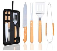 4PCS Ustensiles pour Barbecue, Premium Accessoires de Barbecue en Acier Inoxydable avec Manche en Bois, Portable Kit Barbecue avec Sac pour Camping Voyage Jardin, Cadeaux pour Homme (4pcs)