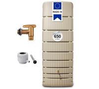 4rain Slim Kit Recuperateur d Eau de Pluie 650L Sable avec Robinet PE Imitation Laiton et collecteur Eco Gris - Cuve Murale, Récupérateur Eau de Pluie, Recuperateur Eau de Pluie, Reservoir Eau