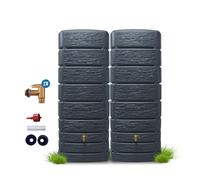 4rain Slim Stone Decor - Kit citerne de pluie - 1000 litres - Gris graphite - 2 tonneaux de pluie/réservoir d'eau de 500 litres avec connecteur + robinet - Réservoir d'eau de pluie résistant au gel