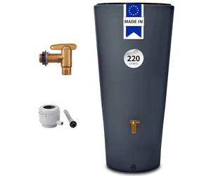4rain Vaso 2in1 réservoir d’Eau de Pluie 220 litres Gris Graphite INCL. Robinet de Sortie en Plastique et raccord de Descente - extérieur Moderne - élément décoratif - Filtre Anti-débordement