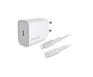 4smarts Chargeur Secteur 20W USB Type-C, Câble USB-C to Lightning 1.5m, 5-12V/3A, Smartphone/Tablette, Blanc, Input 100-240V, Certification MFi
