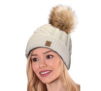 4sold Femme Set Bonnet et écharpe Mohair d'hiver Wool Chapeau Hat Grande Faux Pom Pom Bonnet d'hiver Chaud Doublure Polaire - Carla Ecru