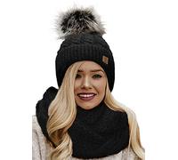 4sold Femme Set Bonnet et écharpe Mohair d'hiver Wool Chapeau Hat Grande Faux Pom Pom Bonnet d'hiver Chaud Doublure Polaire - Set Carla Black