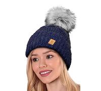4sold Femme Set Bonnet et écharpe Mohair d'hiver Wool Chapeau Hat Grande Faux Pom Pom Bonnet d'hiver Chaud Doublure Polaire - Birma Navy