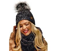 4sold Femmes Dames Bonnet Pom Pom Chaud Hiver Naturel La Iaine Alpaga Doublure Micropolaire - Set Black