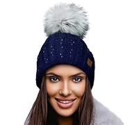 4sold Lady Bonnets Bonnet Fourré Hiver pour Femme Bonnet Tricoté et Gros Pompon Coloris Taille Unique Gold Circle Little Crystals (Bleu Marin)
