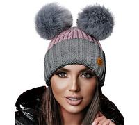 4sold Miki Mesdames Femmes d'hiver Chapeau en Laine Tricoté Bonnet avec Double Pom Pom Cap Ski Snowboard Bobble (Rouse Pink Grey)