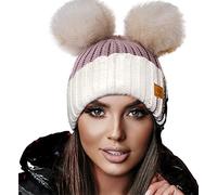 4sold Miki Mesdames Femmes d'hiver Chapeau en Laine Tricoté Bonnet avec Double Pom Pom Cap Ski Snowboard Bobble (White Rouse Pink)