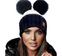 4sold Miki Mesdames Femmes d'hiver Chapeau en Laine Tricoté Bonnet avec Double Pom Pom Cap Ski Snowboard Bobble (White Navy)