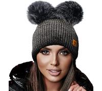 4sold Miki Mesdames Femmes d'hiver Chapeau en Laine Tricoté Bonnet avec Double Pom Pom Cap Ski Snowboard Bobble (Megi Dark Grey)