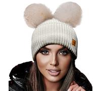 4sold Miki Mesdames Femmes d'hiver Chapeau en Laine Tricoté Bonnet avec Double Pom Pom Cap Ski Snowboard Bobble (Megi Ecru)