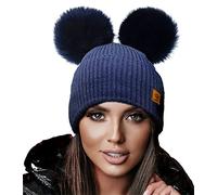 4sold Miki Mesdames Femmes d'hiver Chapeau en Laine Tricoté Bonnet avec Double Pom Pom Cap Ski Snowboard Bobble (Megi Navy)