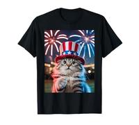 4th of July Cat Selfie Oncle Sam Chapeau Fireworks Funny Patriot T-Shirt